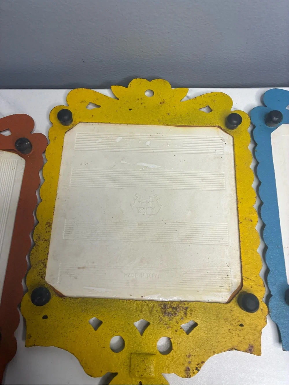 Set of 4 Vintage Italian Fruit Preserve Tile Trivets Cast Metal Frames